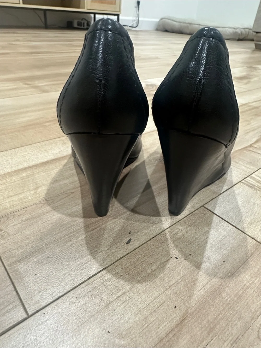 Nine West Black Leather Wedge Pumps with Silver Buckle